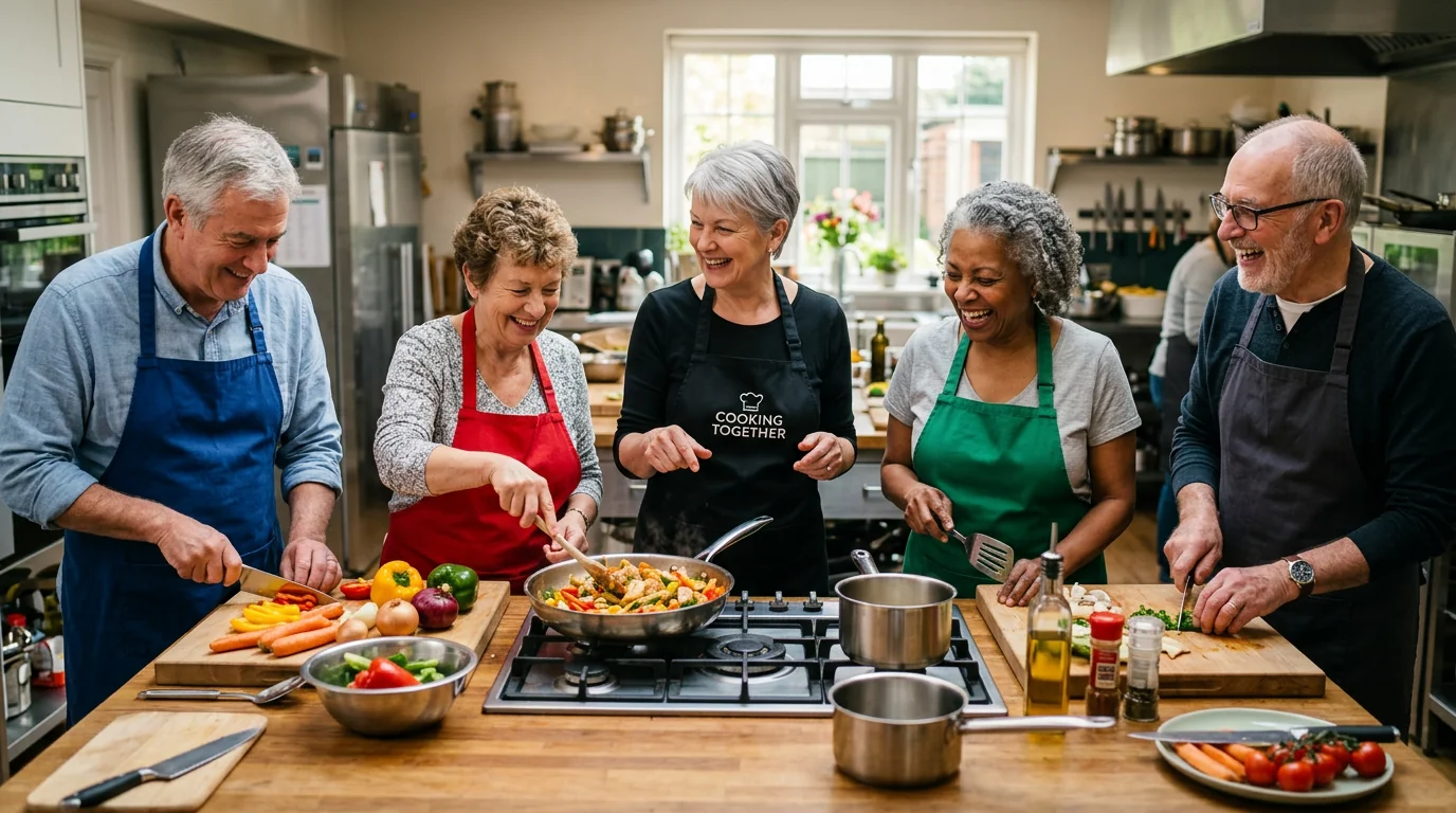 Kochgruppe – Senioren am Herd mit frischen Zutaten