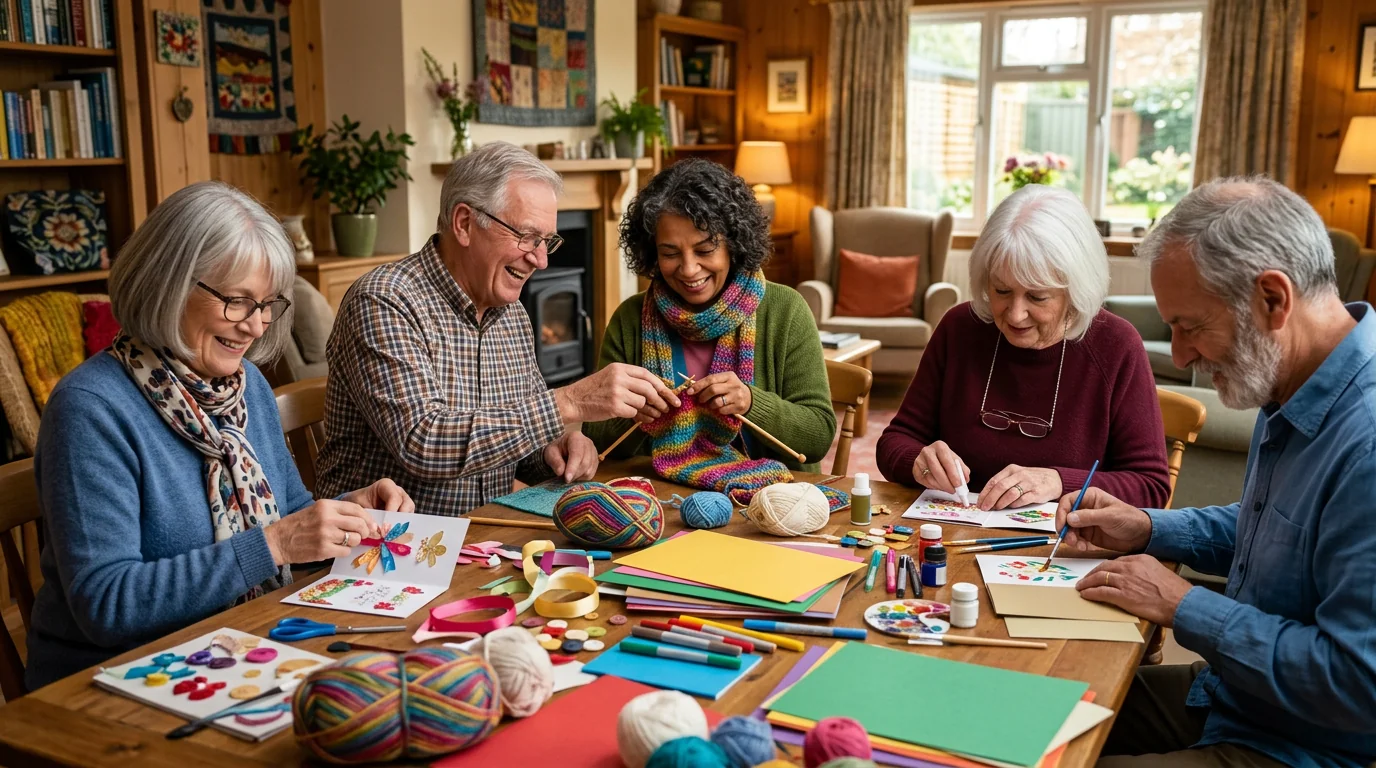 Bastelgruppe – Senioren mit Materialien und fertigen Werken