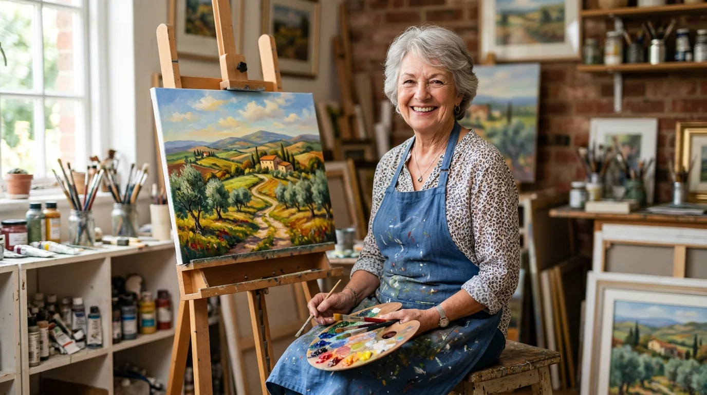 Malkurs – Seniorin an der Staffelei mit Pinseln und Palette